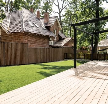 comfortable house, modern design, green lawn, patio, cottage city, property market